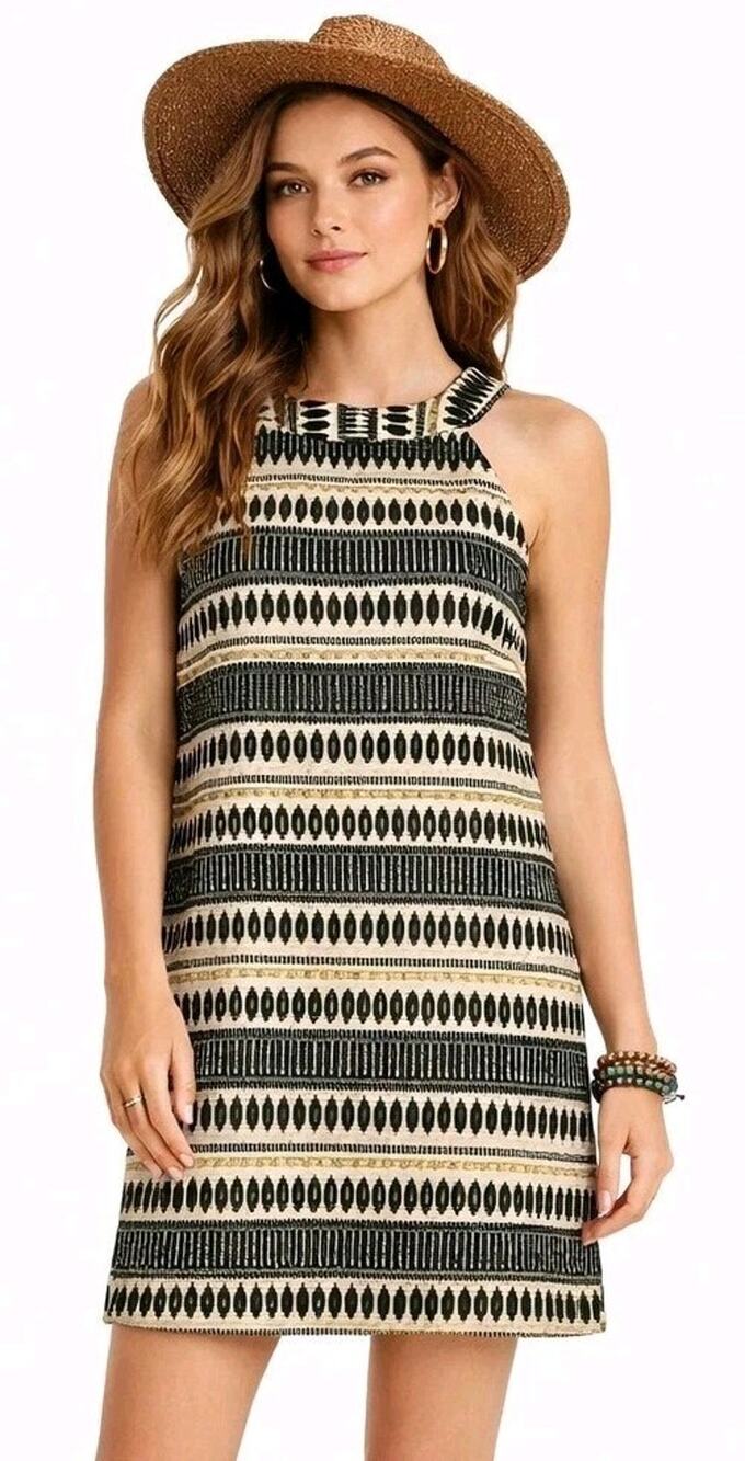 Judith March Black Cream Tribal Stripe Shift Dress S Boho Gold Mod Anthropologie